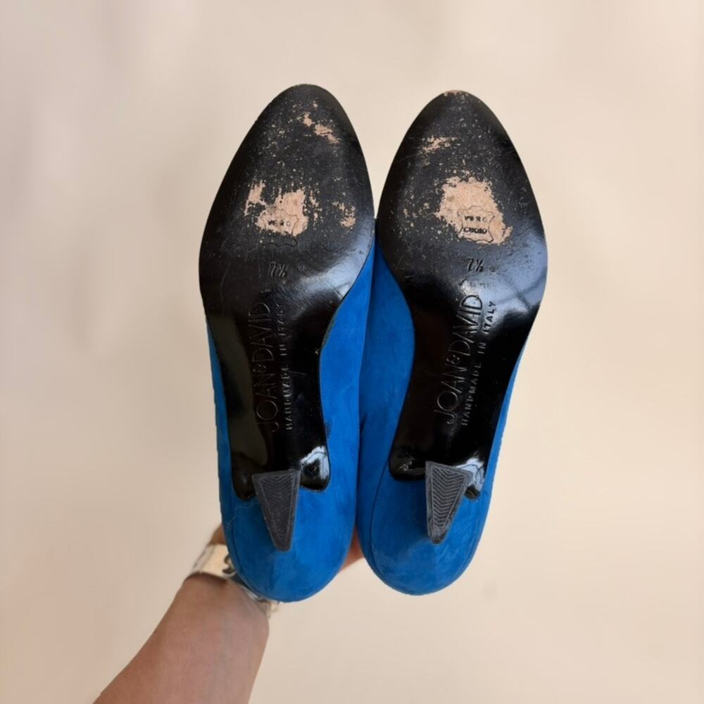 Joan & David Blue Suede Bow Pumps - Made in Italy, Ruffled Kitten Heel, Size 7.5 - Picture 9 of 9
